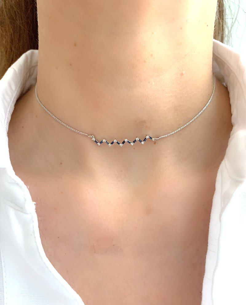 Happiness Zig Zag Choker Necklace - Diamonds and Blue Sapphires