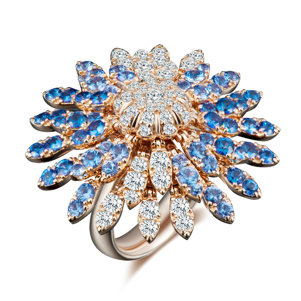 Sole Sunflower Kinetic Ring Gold - Diamonds and Blue Sapphires