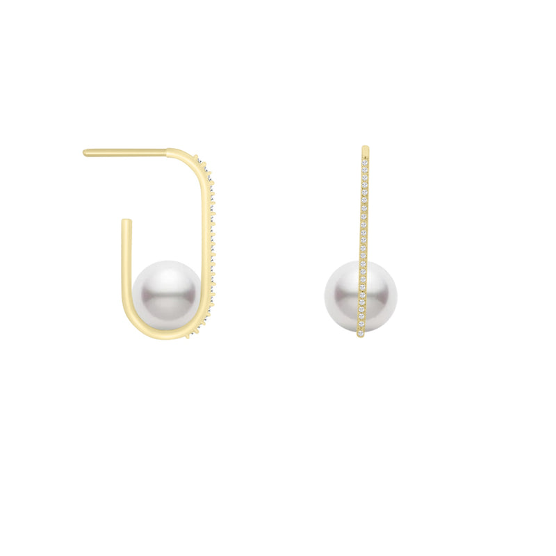 Rectangular Hoop Diamond Pearl Earrings