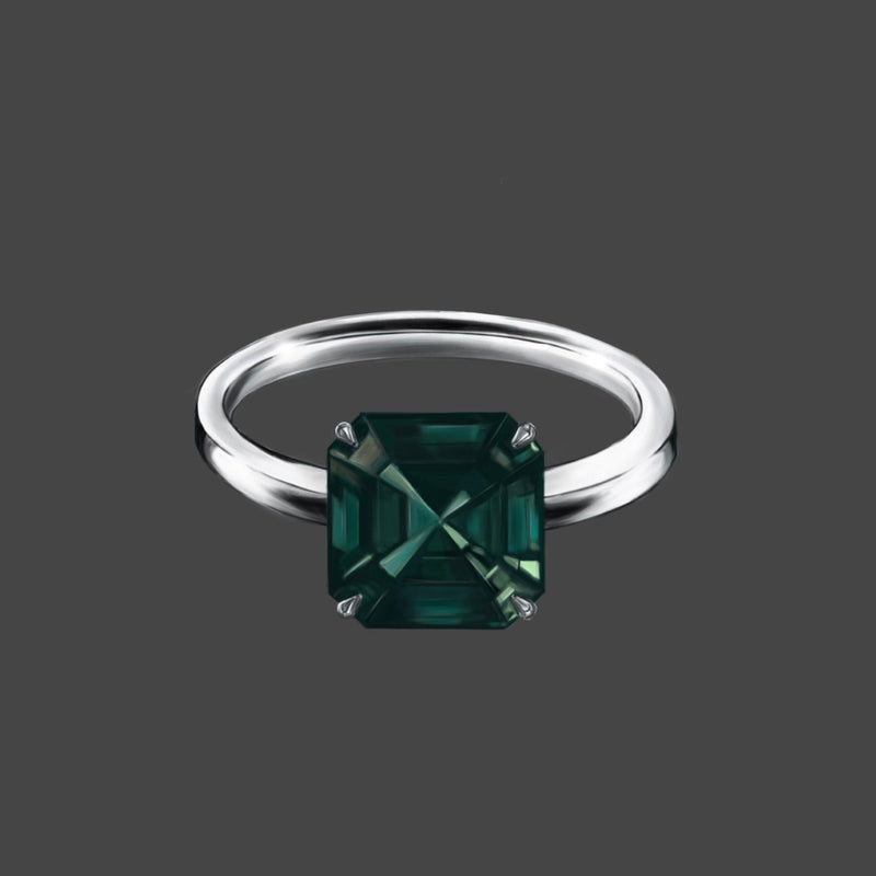 Asscher Cut Dark Green Tourmaline Solitaire Ring