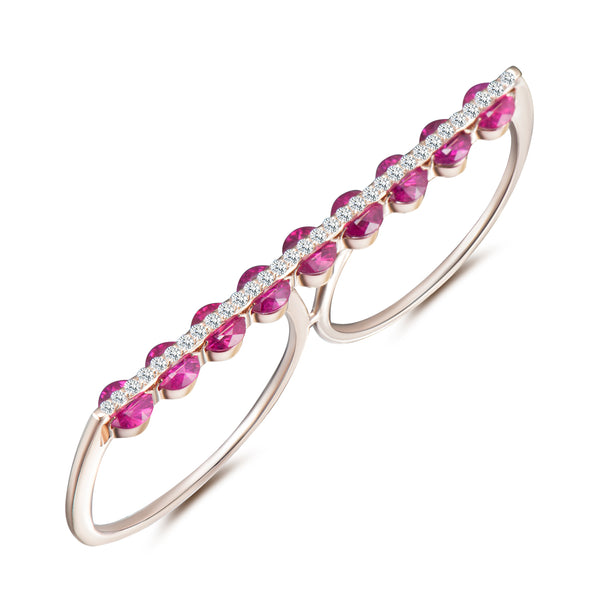 Light Dual Two Finger Ring - Diamonds and Ruby