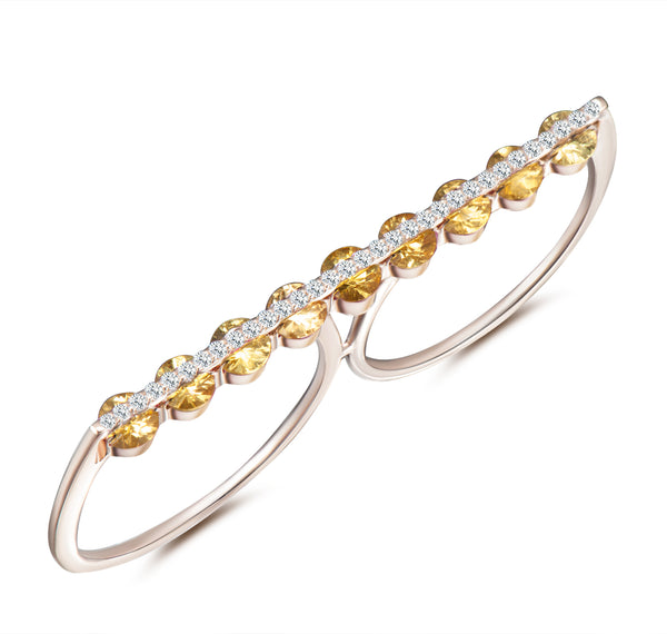 Light Dual Two Finger Ring - Diamonds and Yellow Sapphires