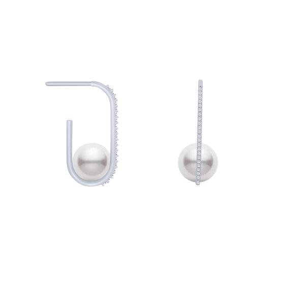 Rectangular Hoop Diamond Pearl Earrings