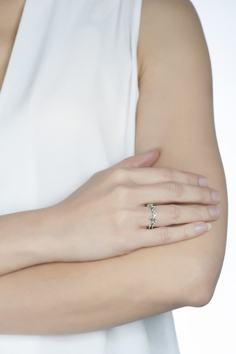 Happiness Baguette Stack Ring - Diamonds and Emeralds